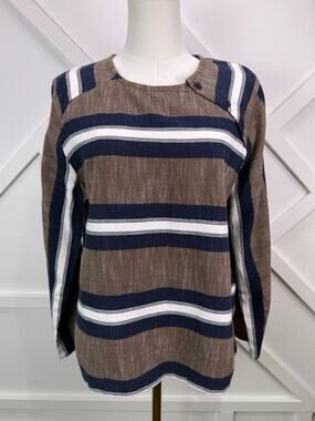 Ace & Jig Striped Cotton Top Blue Brown Button Shoulder Boho Size Large